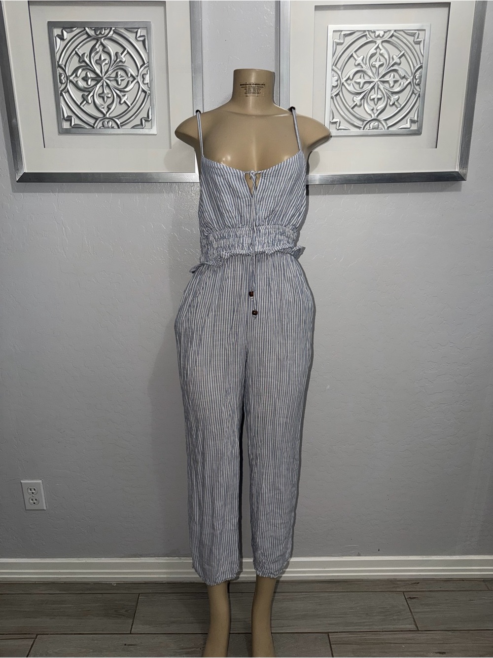 Striped Blue & Cream Sleeveless Jumpsuit with Smocked Waist